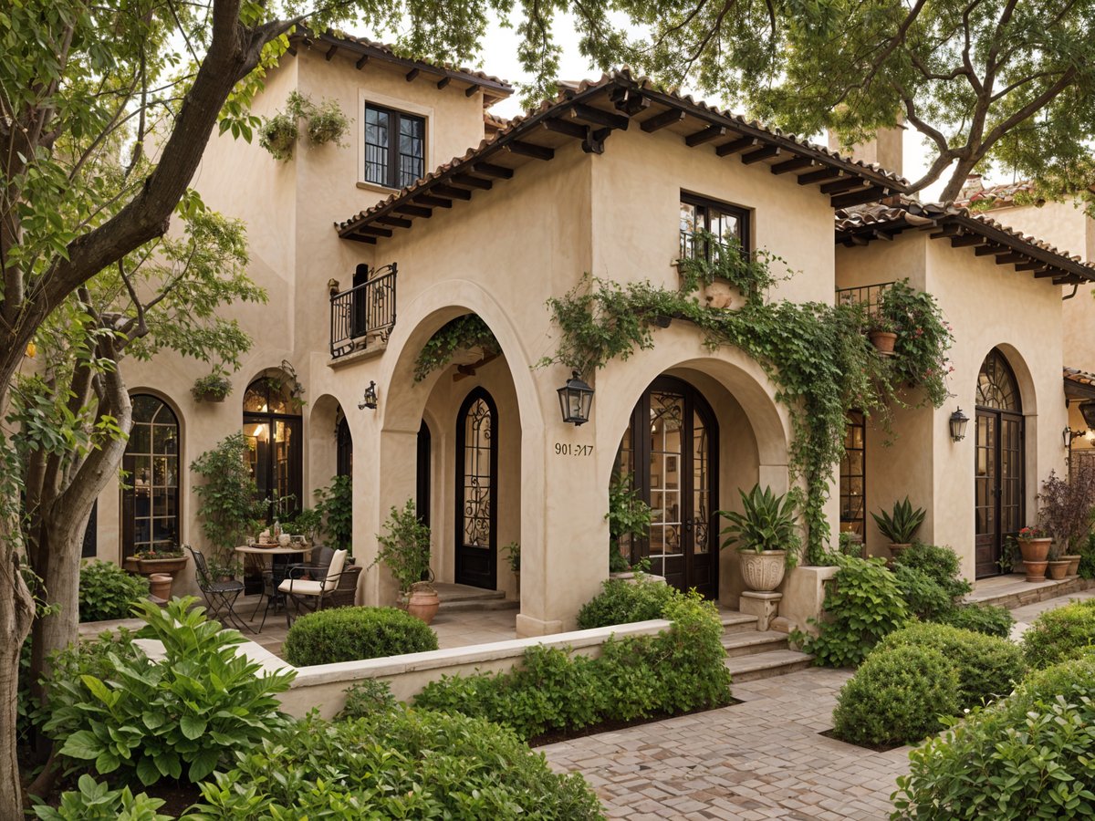 A Spanish style house with a red tile roof and greenery.