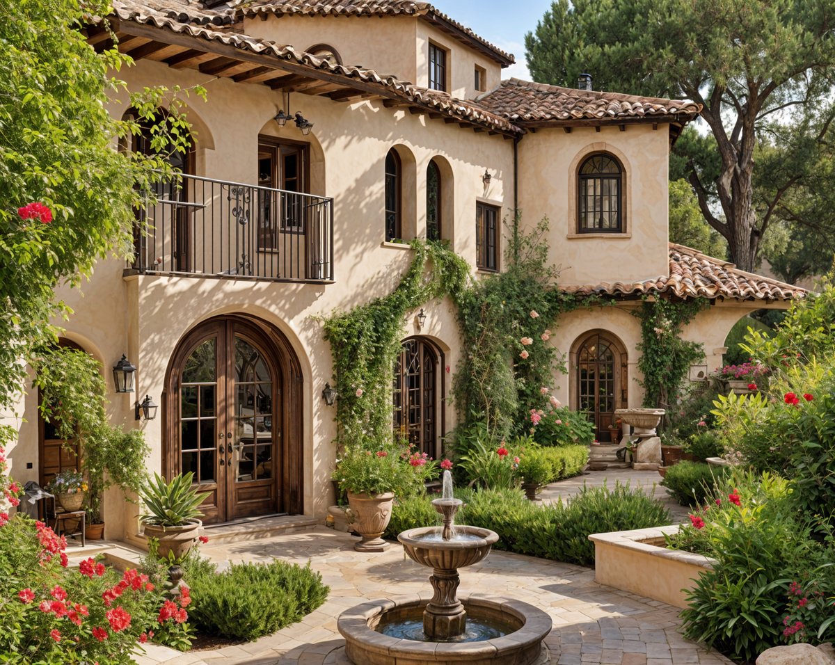 A Spanish style house with a fountain in the front yard.