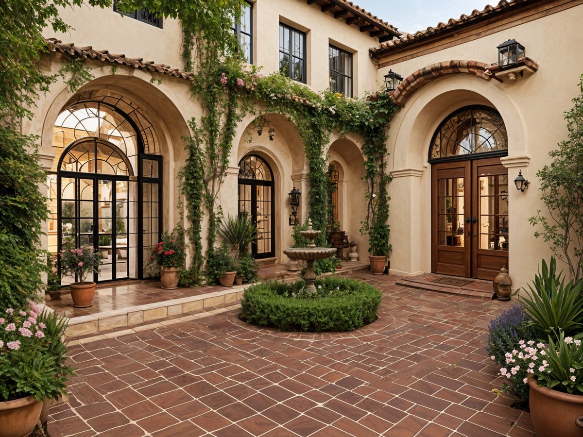 A Spanish style house with a fountain and garden in front of it.