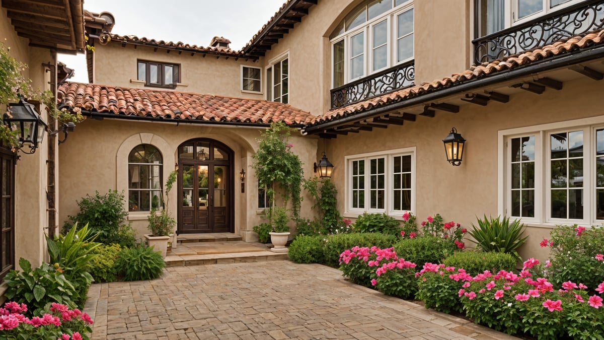 A Spanish style house with a red tile roof, a brick driveway, and a well-maintained front yard with potted plants and flowers.