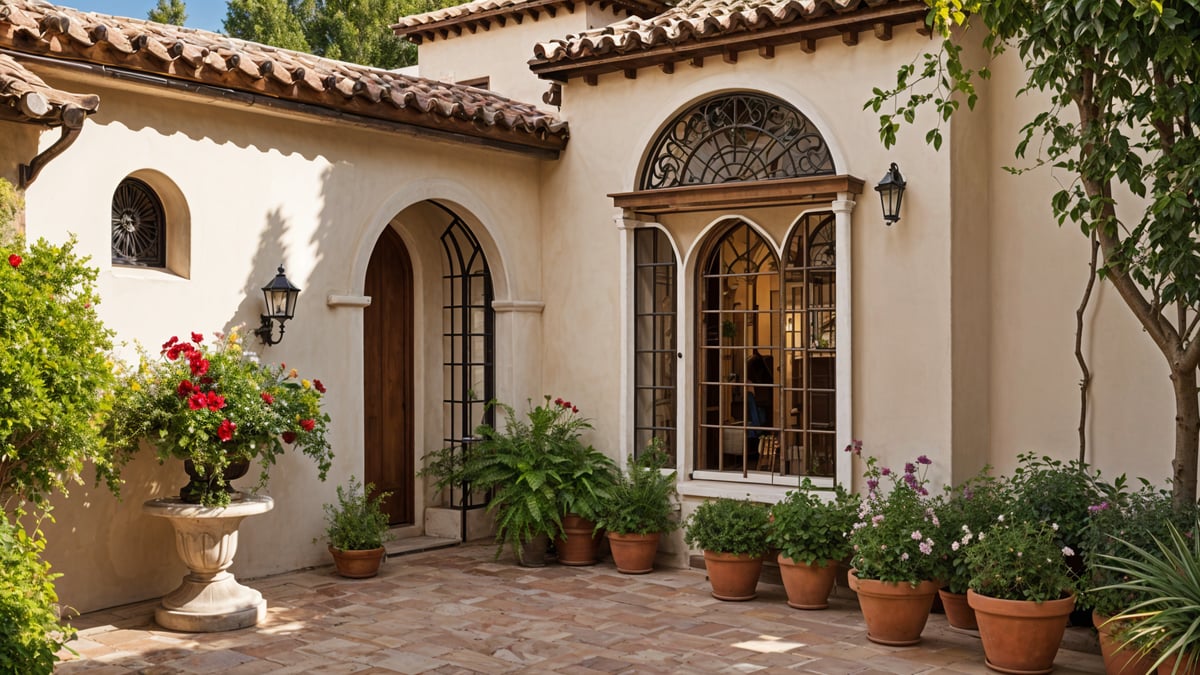 A house with a white exterior, red tile roof, and many potted plants in front of it.