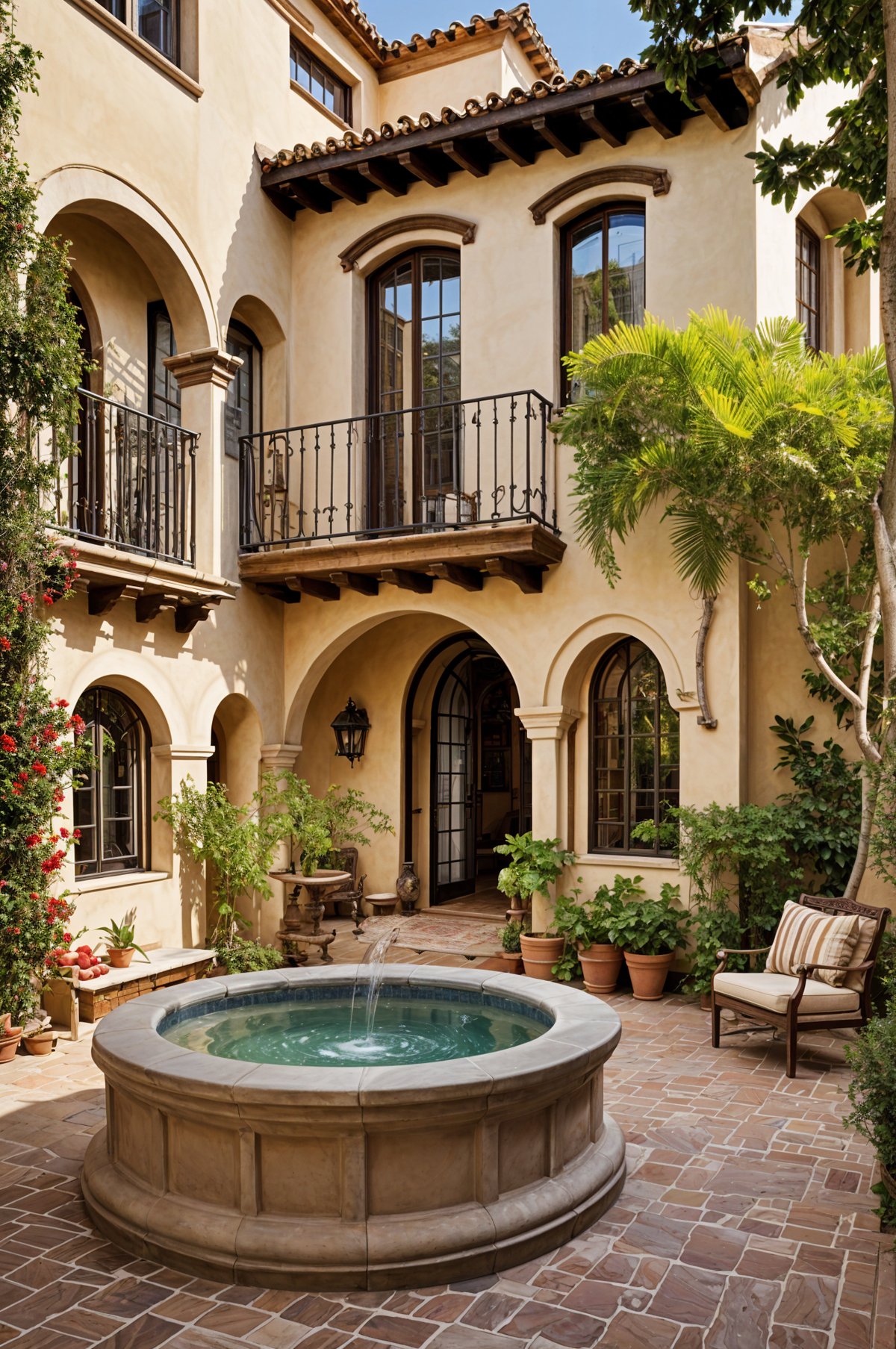 A Spanish style house with a fountain in the center of the courtyard, surrounded by potted plants.