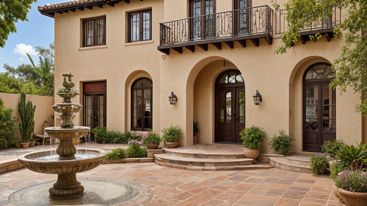 A Spanish style house with a fountain and balcony. The front door is open, inviting visitors.