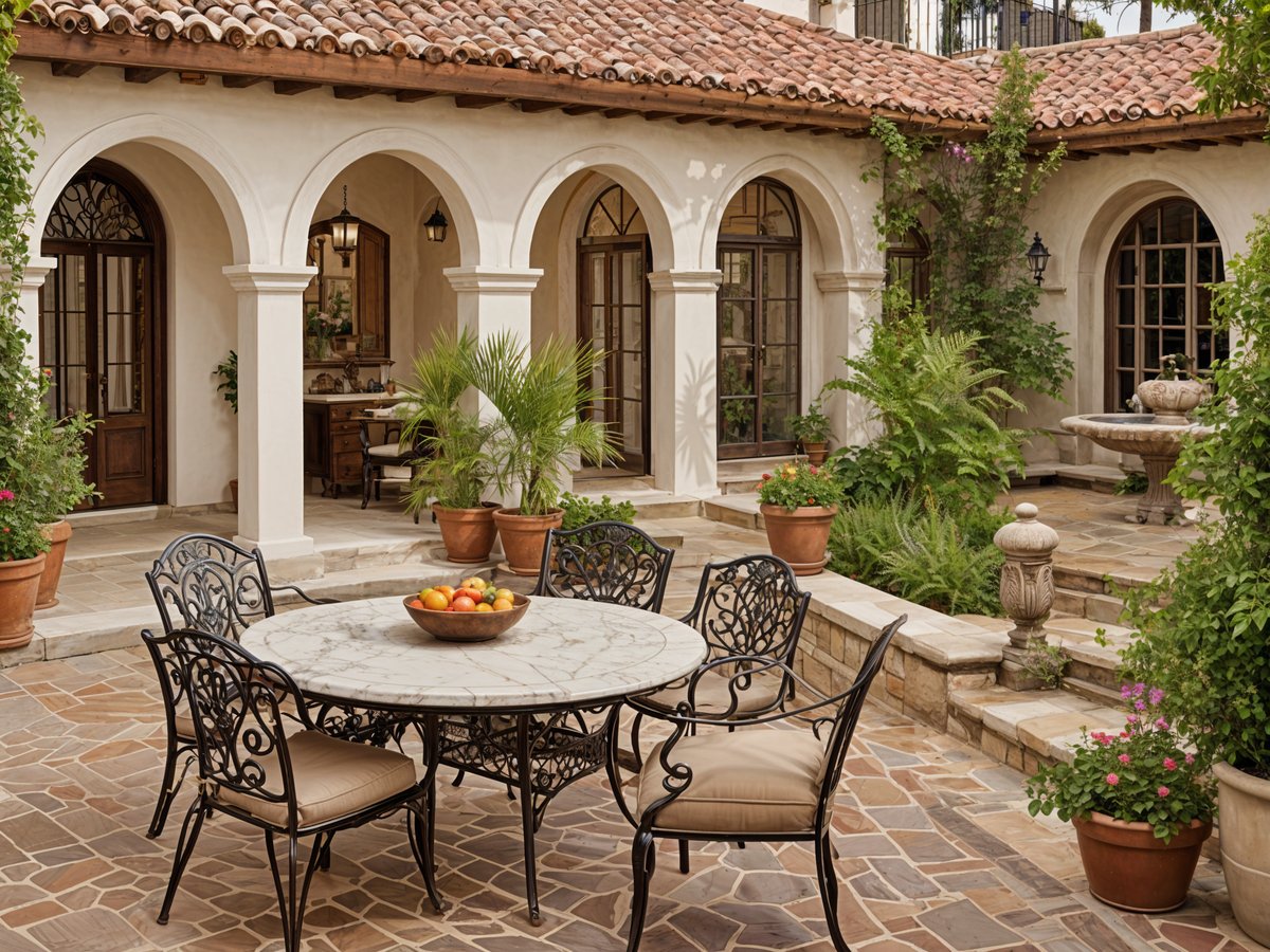 Outdoor patio set with a bowl of fruit on a table. The table is surrounded by chairs and potted plants. The house has a Spanish style design.