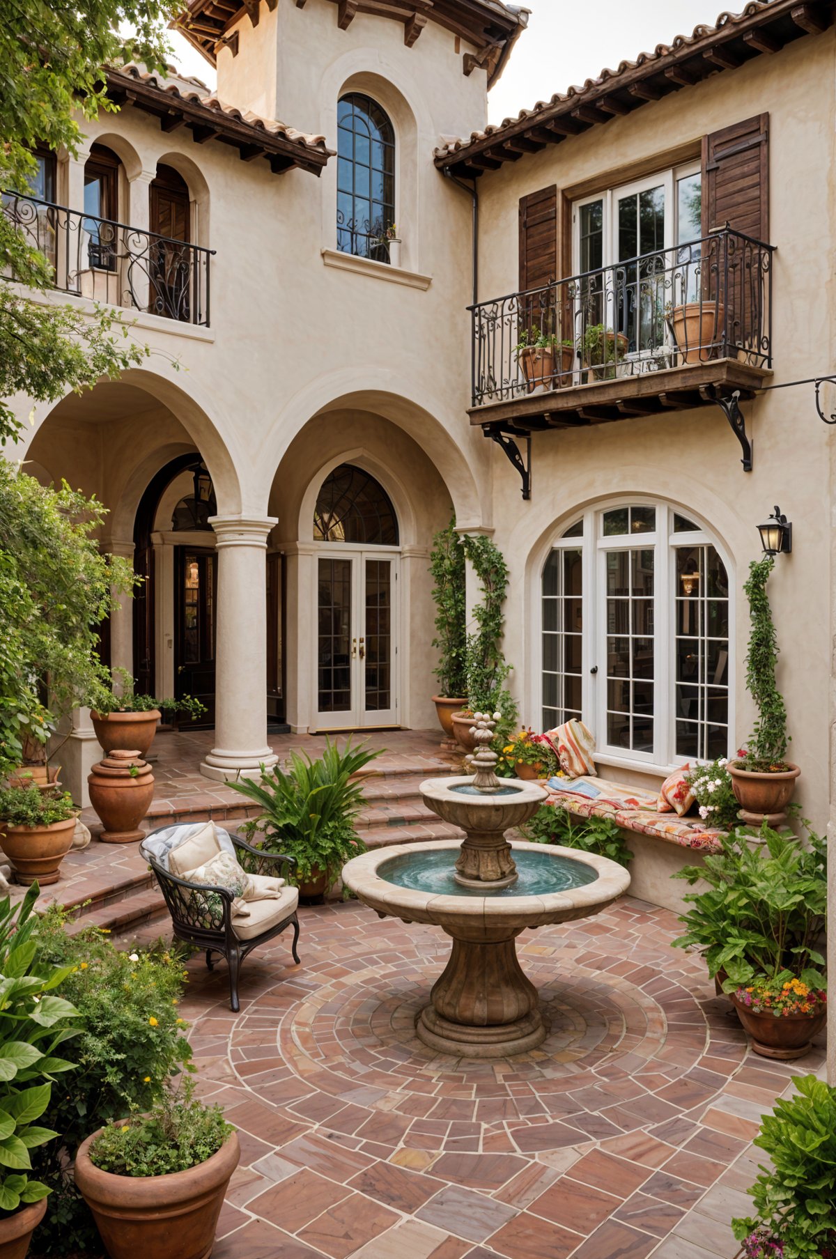 A house exterior with a fountain in the center of a brick patio, surrounded by potted plants, chairs, and vases.