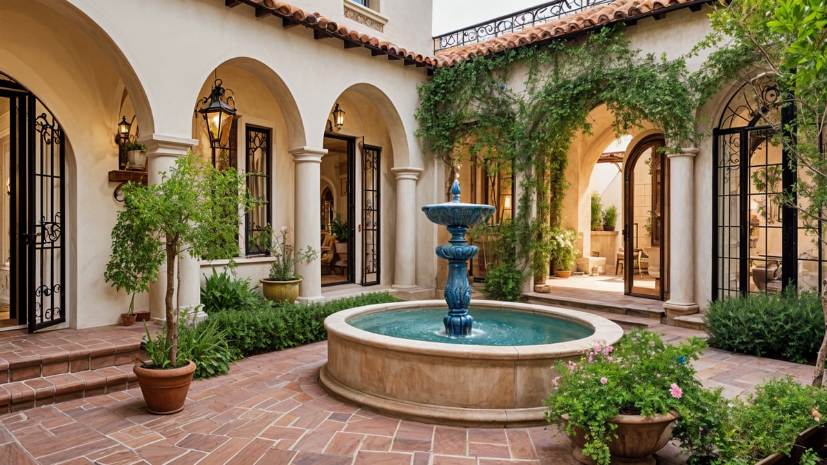 A house with a fountain in the middle of the courtyard. The house has a Spanish style design and is surrounded by greenery.