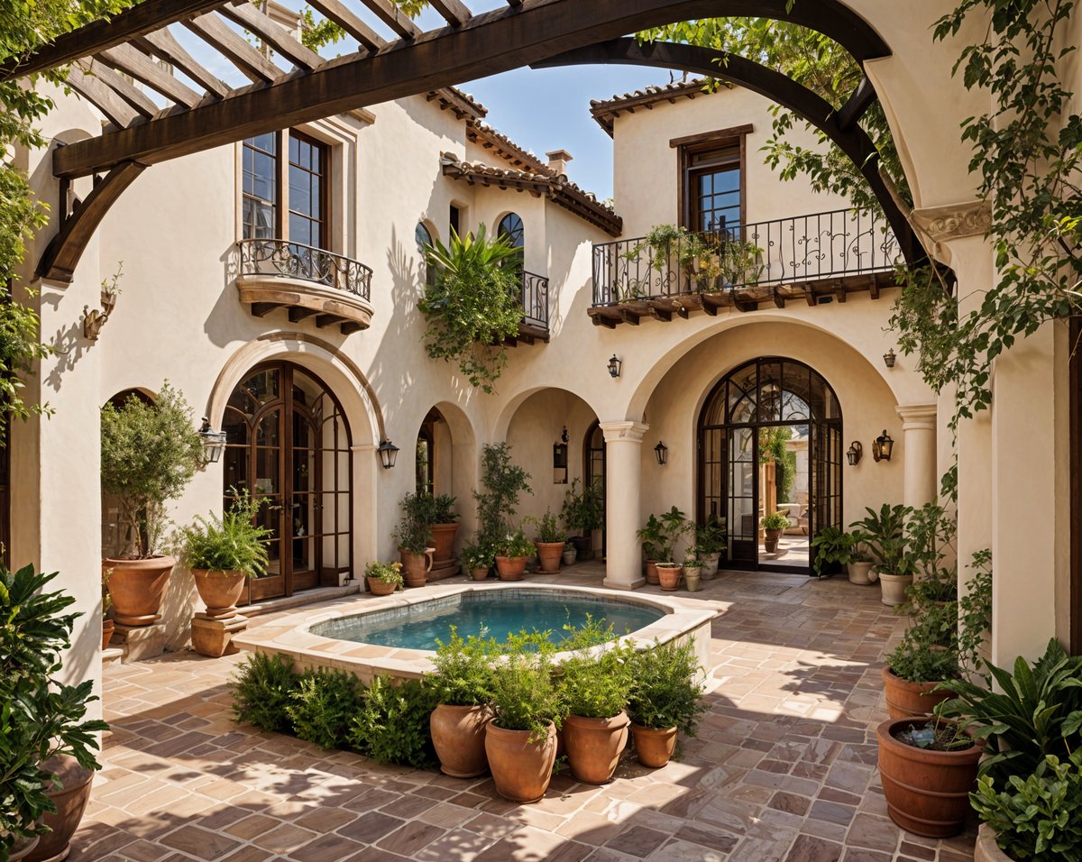 A beautiful Spanish style house with a large patio featuring a fountain and numerous potted plants. The house has a white stucco exterior and a red tile roof.