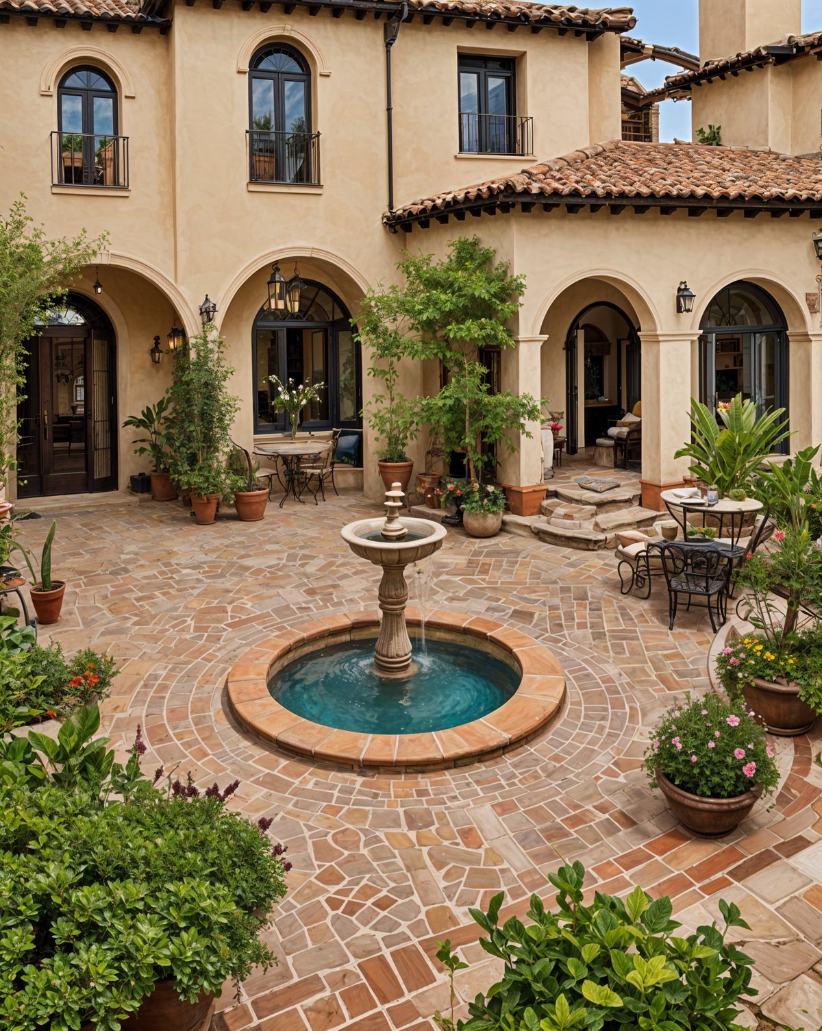 A house exterior with a fountain in the middle of a courtyard, surrounded by potted plants and vases. The courtyard features archways and seating options, creating a serene and inviting atmosphere.