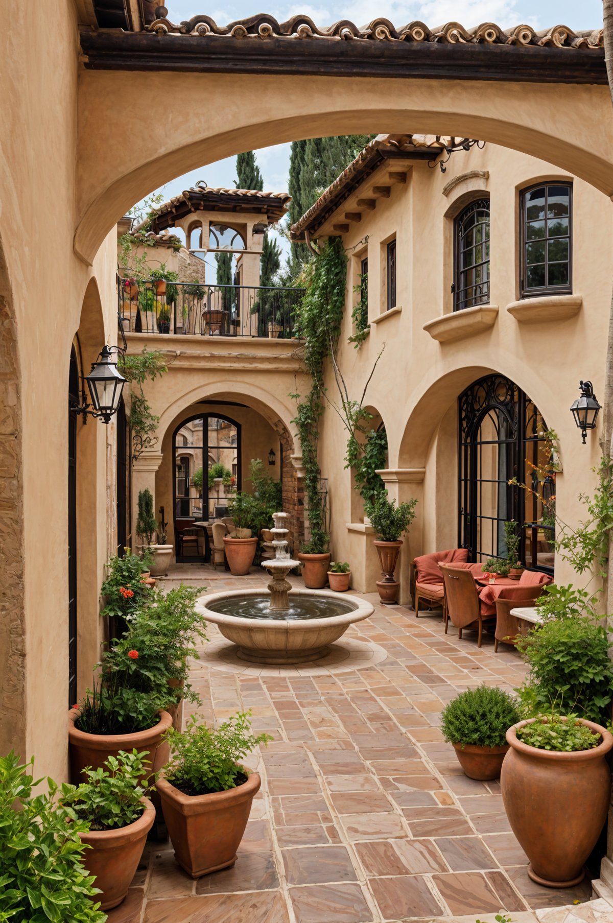 A beautiful house exterior with a courtyard, fountain, and potted plants. The balcony and patio are furnished with chairs and a dining table.