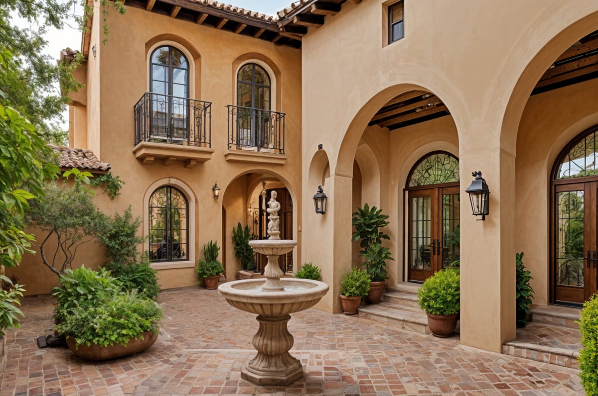 A Spanish style house with a fountain in the center of the courtyard.