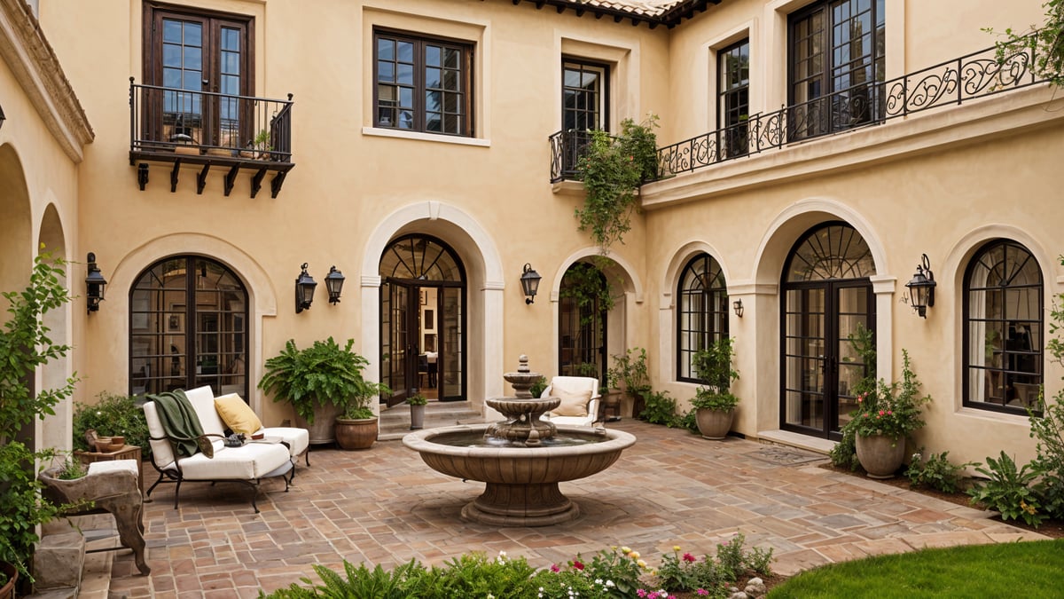 A Spanish style house with a fountain in the middle of a courtyard.