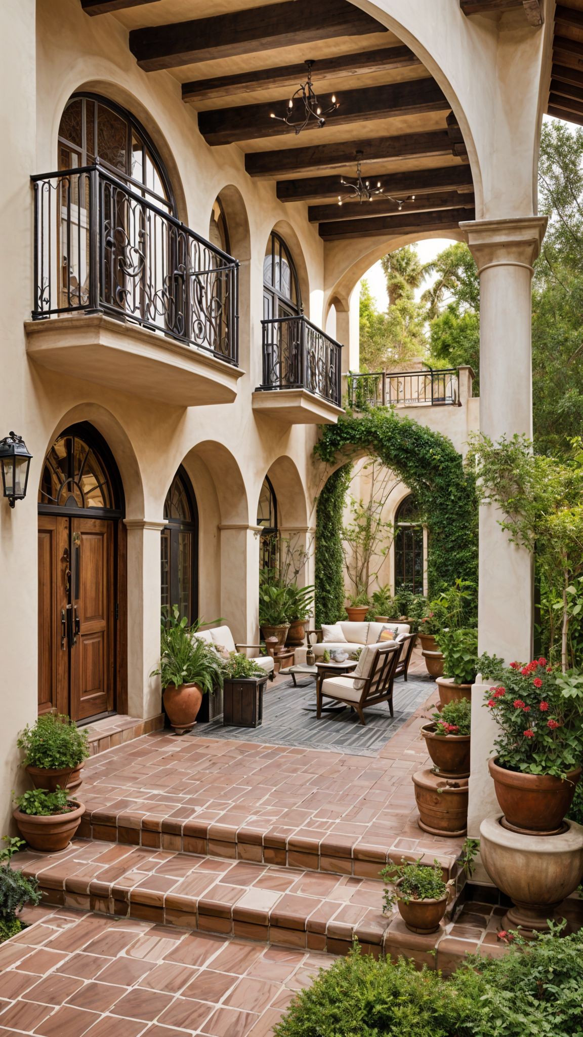 A Spanish style house exterior with a large patio featuring potted plants and chairs.