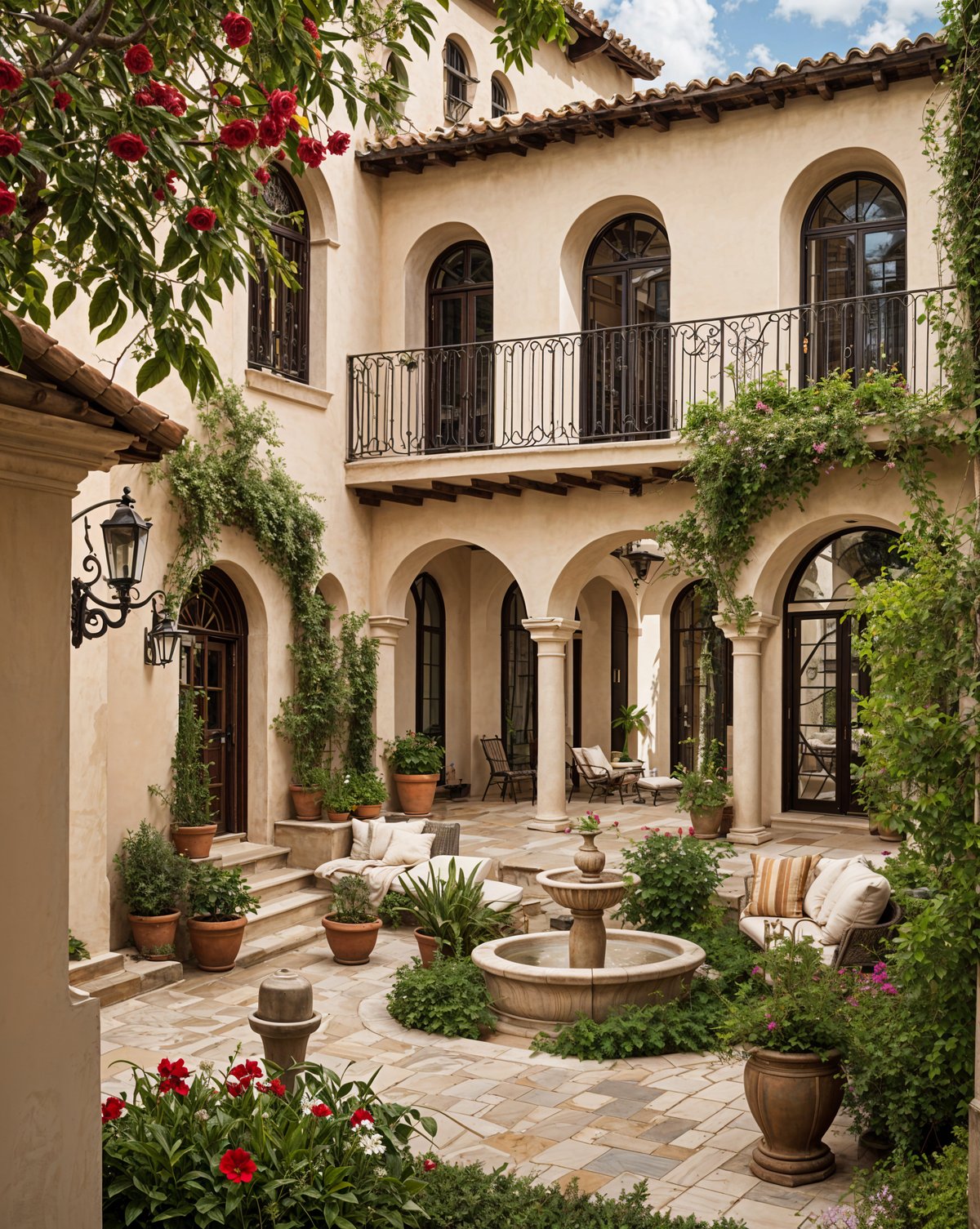 A Spanish style house with a water fountain and potted plants on the patio