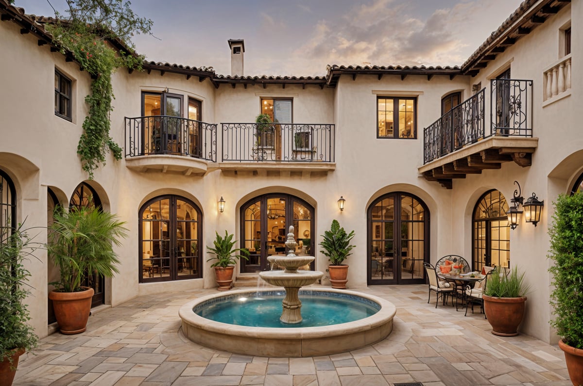 Spanish style home with a fountain in the middle of a courtyard