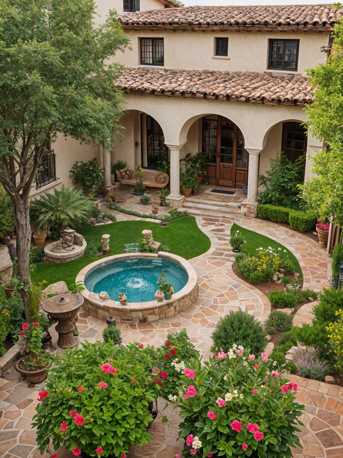 A house with a swimming pool, garden, and a fountain. The house has a Spanish style architecture with a red tile roof and a courtyard.