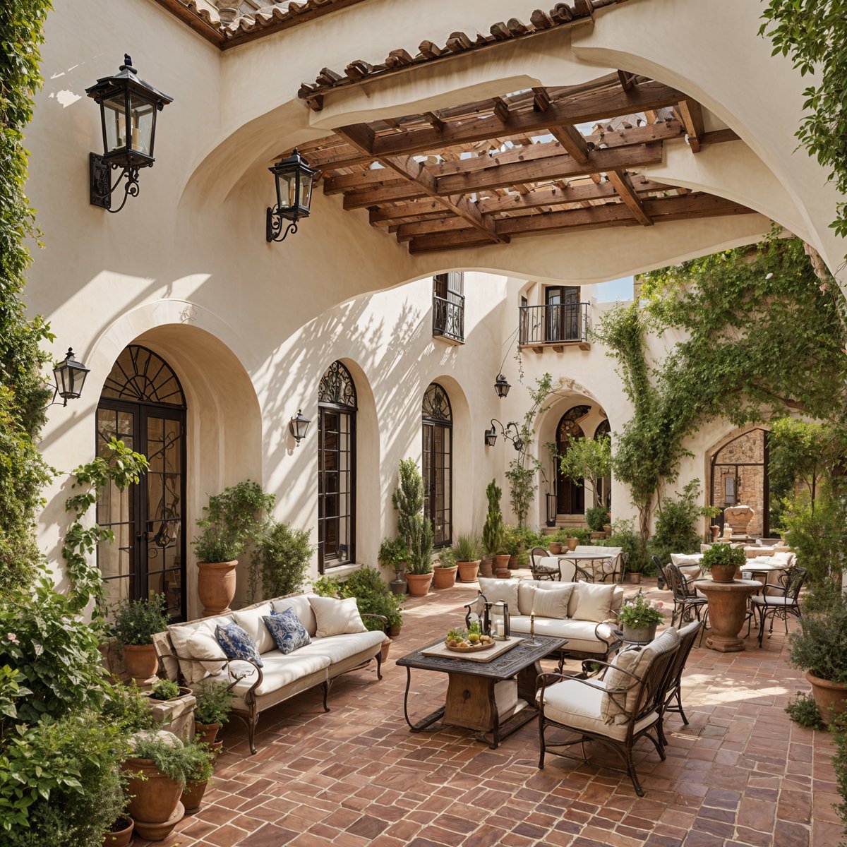 A beautiful house exterior with a patio area featuring a couch, chairs, and a dining table. The patio is adorned with potted plants and vases.