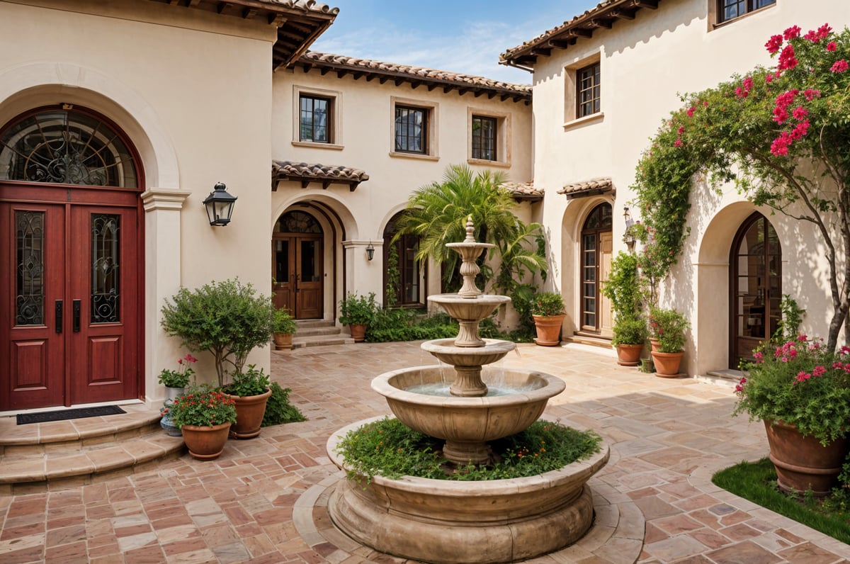 A Spanish-style house with a fountain in the middle of the courtyard, surrounded by potted plants and flowers.