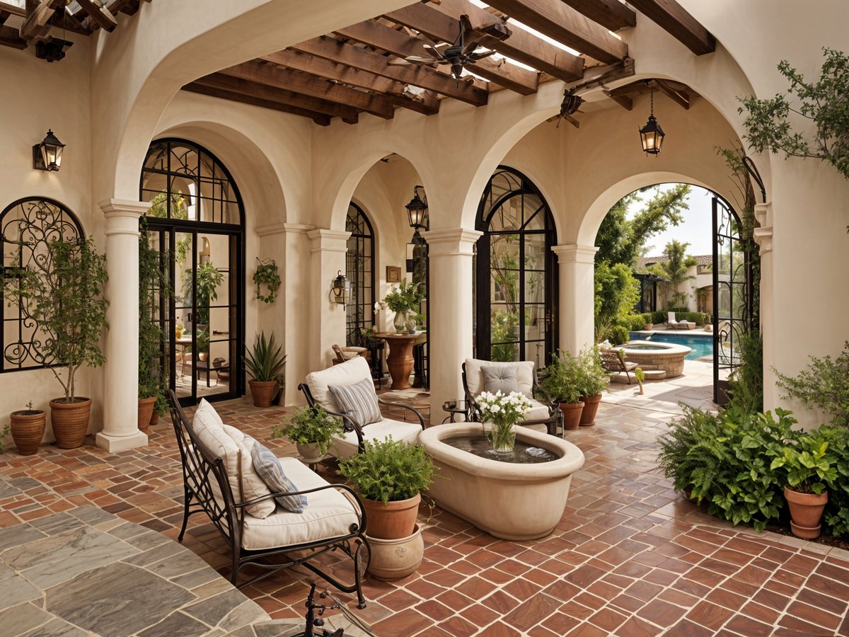 A cozy outdoor living space with a fire pit and a fountain. The space is decorated with potted plants and chairs, creating a comfortable and inviting atmosphere.