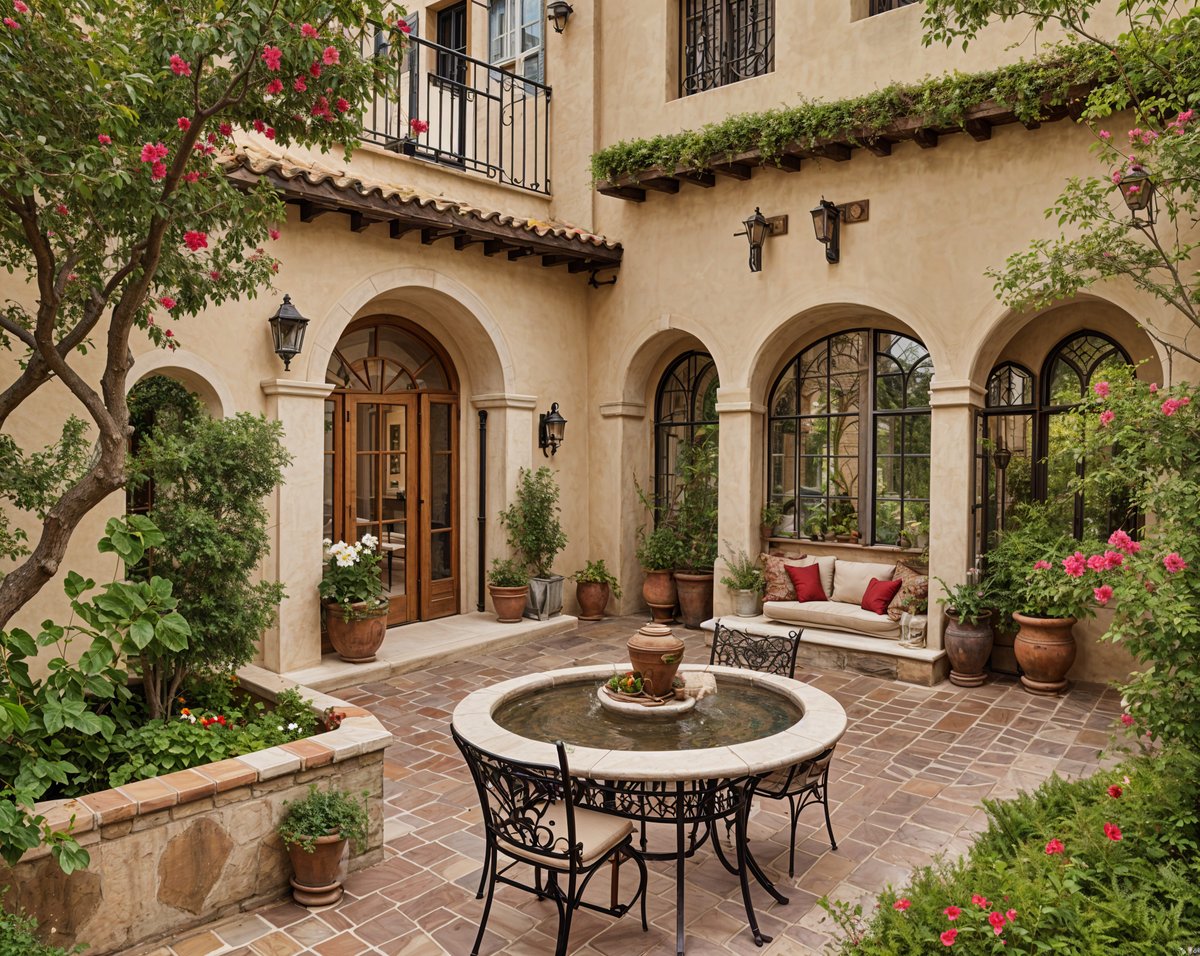 A Spanish style house with a patio and a fountain. The patio has a table and chairs, and the house is adorned with potted plants and flowers.