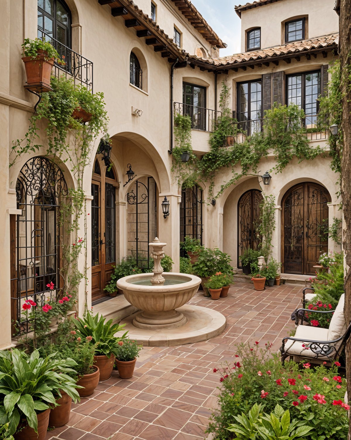 A Spanish style house with a fountain in the center of a courtyard, surrounded by potted plants and flowers.