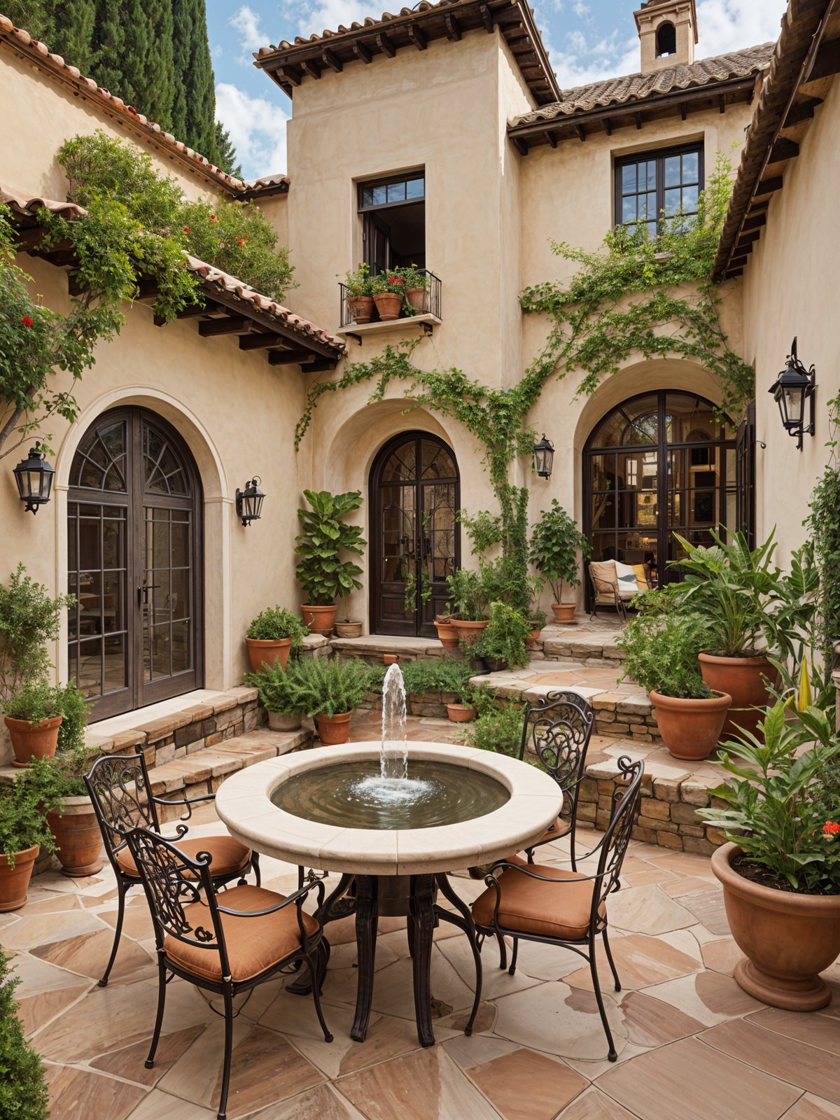 Outdoor patio with a fountain in the middle of a table, surrounded by potted plants and chairs.