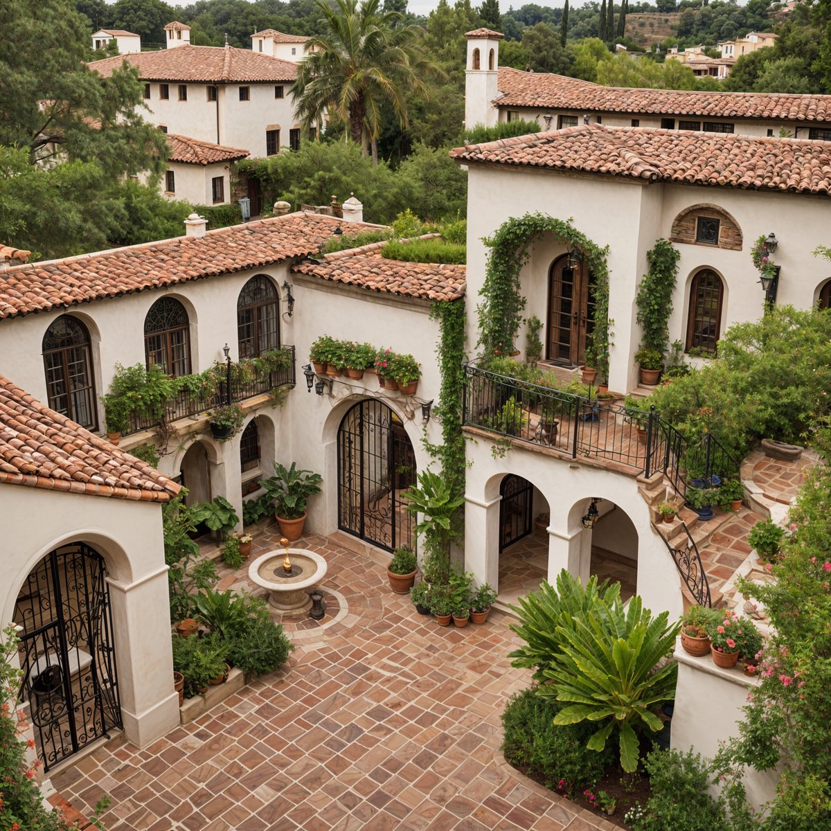 A Spanish style house with a large courtyard filled with potted plants and flowers.