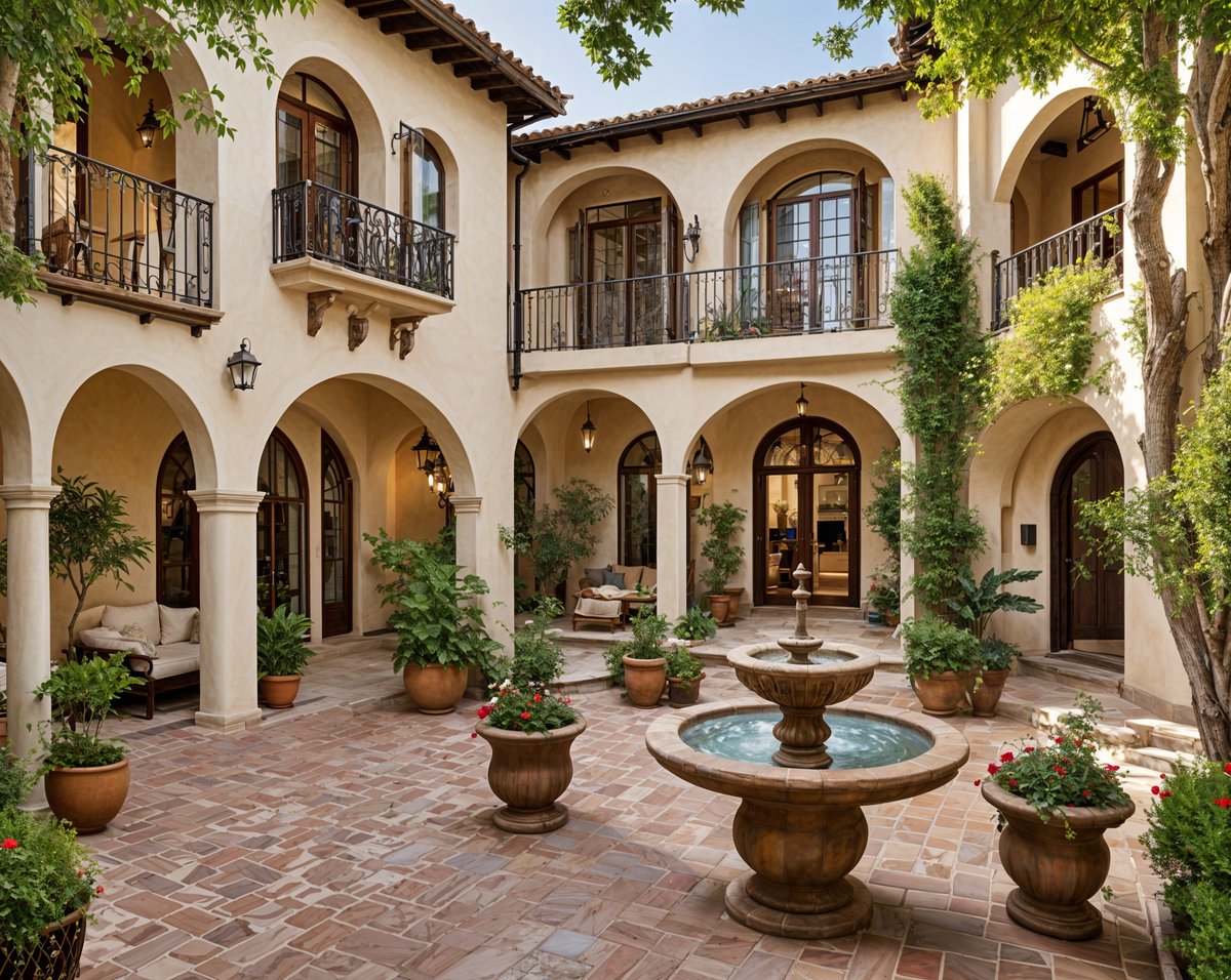 A Spanish style house with a courtyard and a fountain. The house is surrounded by potted plants and flowers, creating a serene and inviting atmosphere.