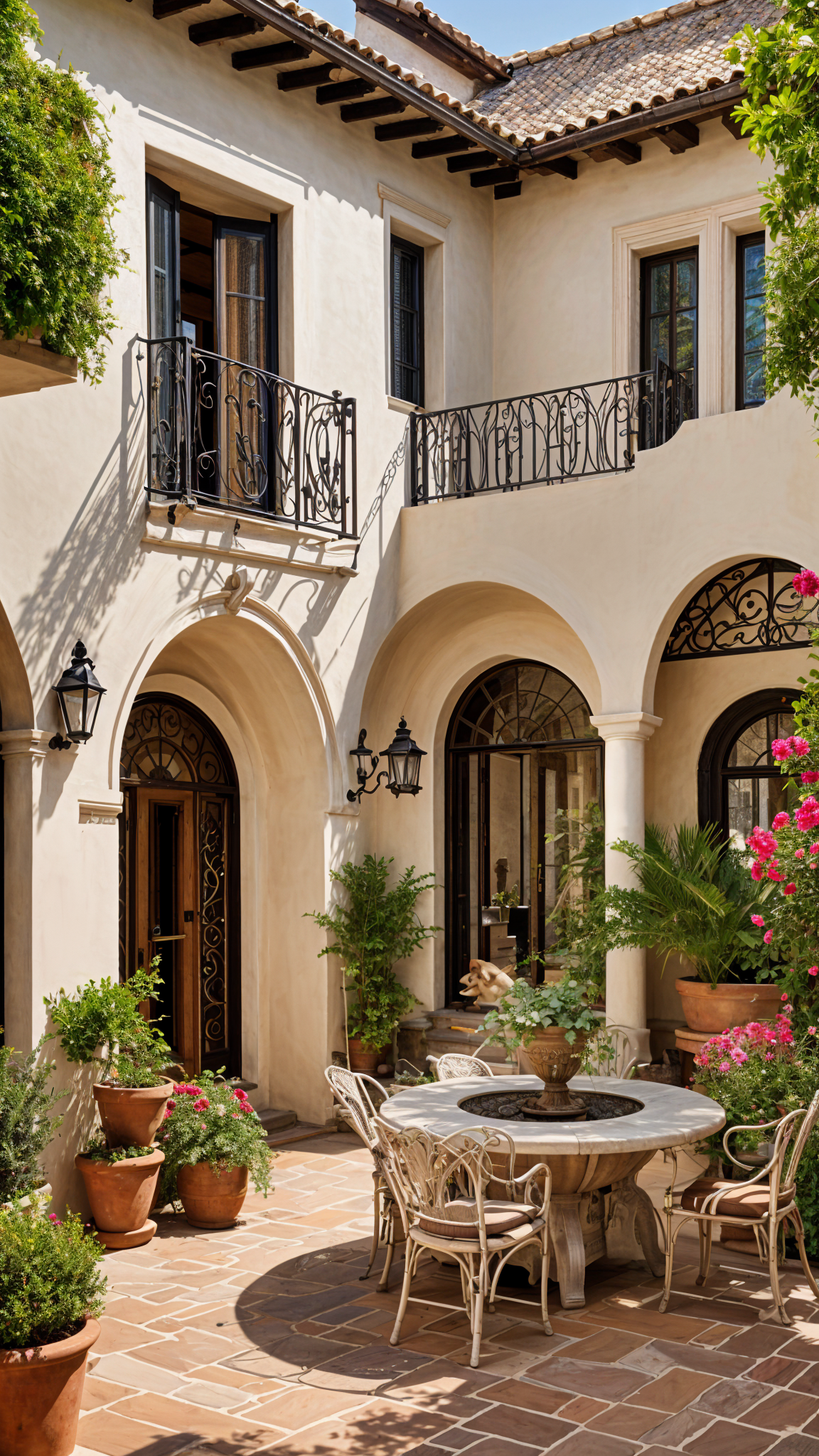 A house exterior with a fountain and a balcony. The house has a white and beige color scheme with a black iron railing. The front door is open, revealing a lovely patio with a potted plant and chairs. The house also features a fountain and a statue.