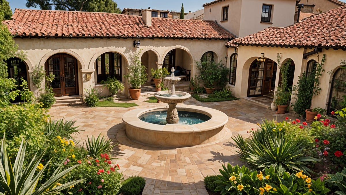 A beautiful courtyard with a fountain in the middle, surrounded by a white building with red tiled roofs. The courtyard is adorned with various potted plants and flowers, creating a serene and inviting atmosphere.