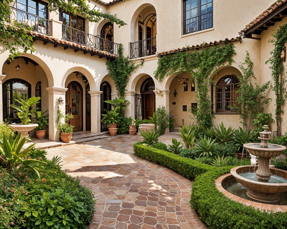 A Spanish style house with a brick walkway and a lush garden with potted plants and a fountain.