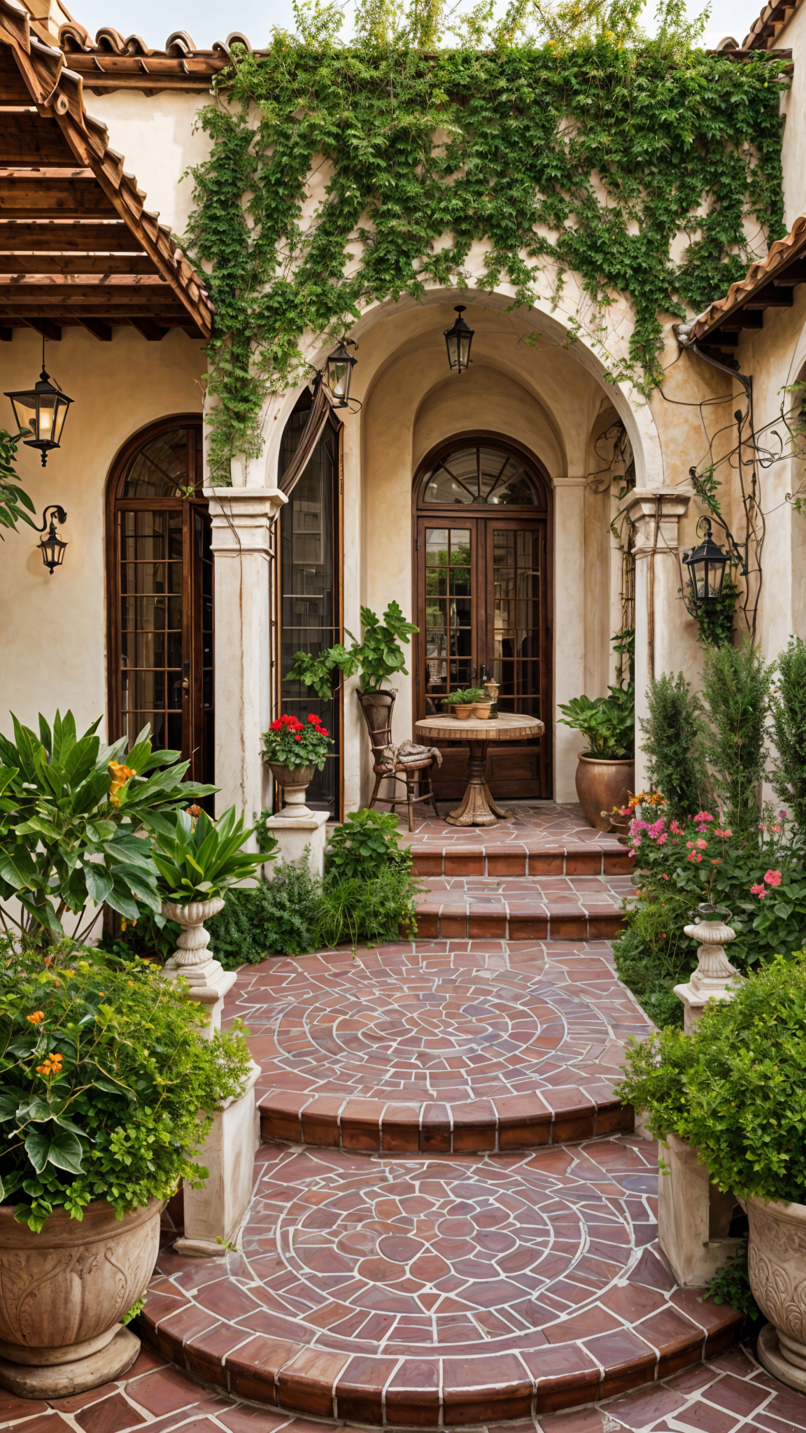 A house exterior with a brick walkway and potted plants leading up to a doorway.