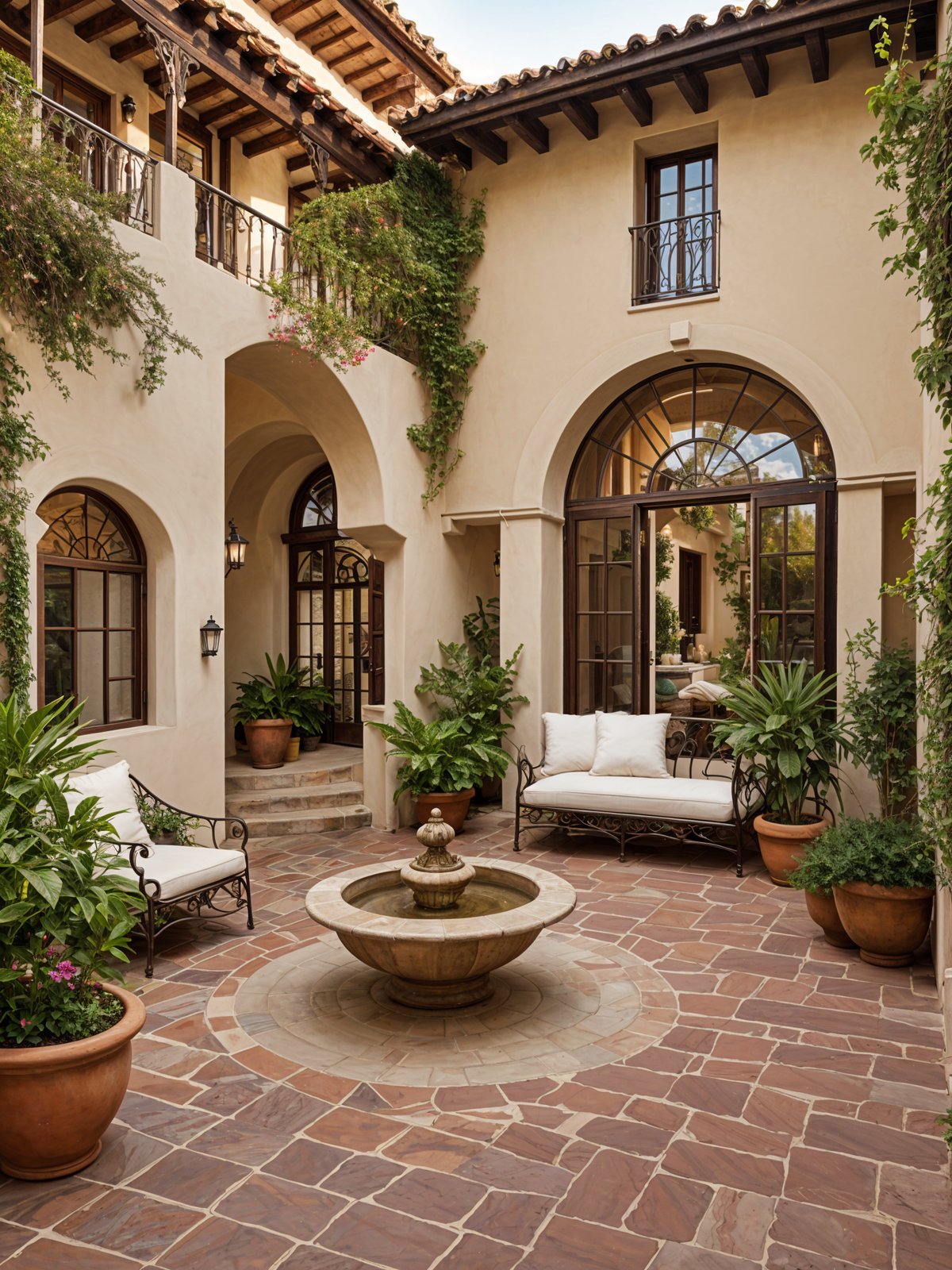 A house with a fountain in the middle, surrounded by plants and potted plants.