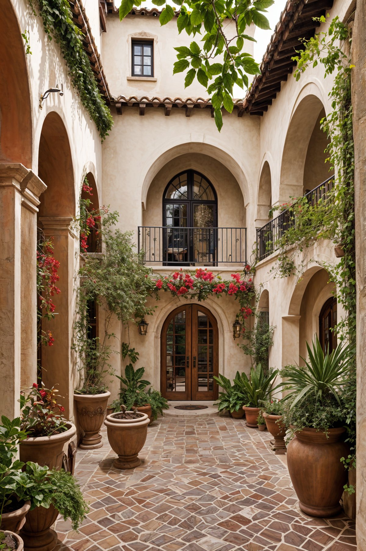 A house with a Spanish design style, featuring a brick walkway, a doorway adorned with potted plants and flowers, and a balcony with a vine-covered railing.