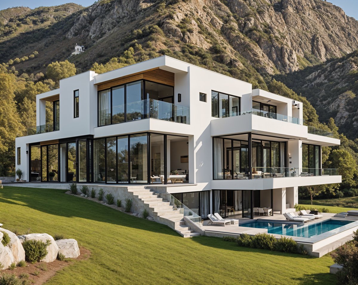 A large, modern house with a pool and a deck overlooking the mountains. The house has a white exterior and a glass wall, giving it a sleek and contemporary look.