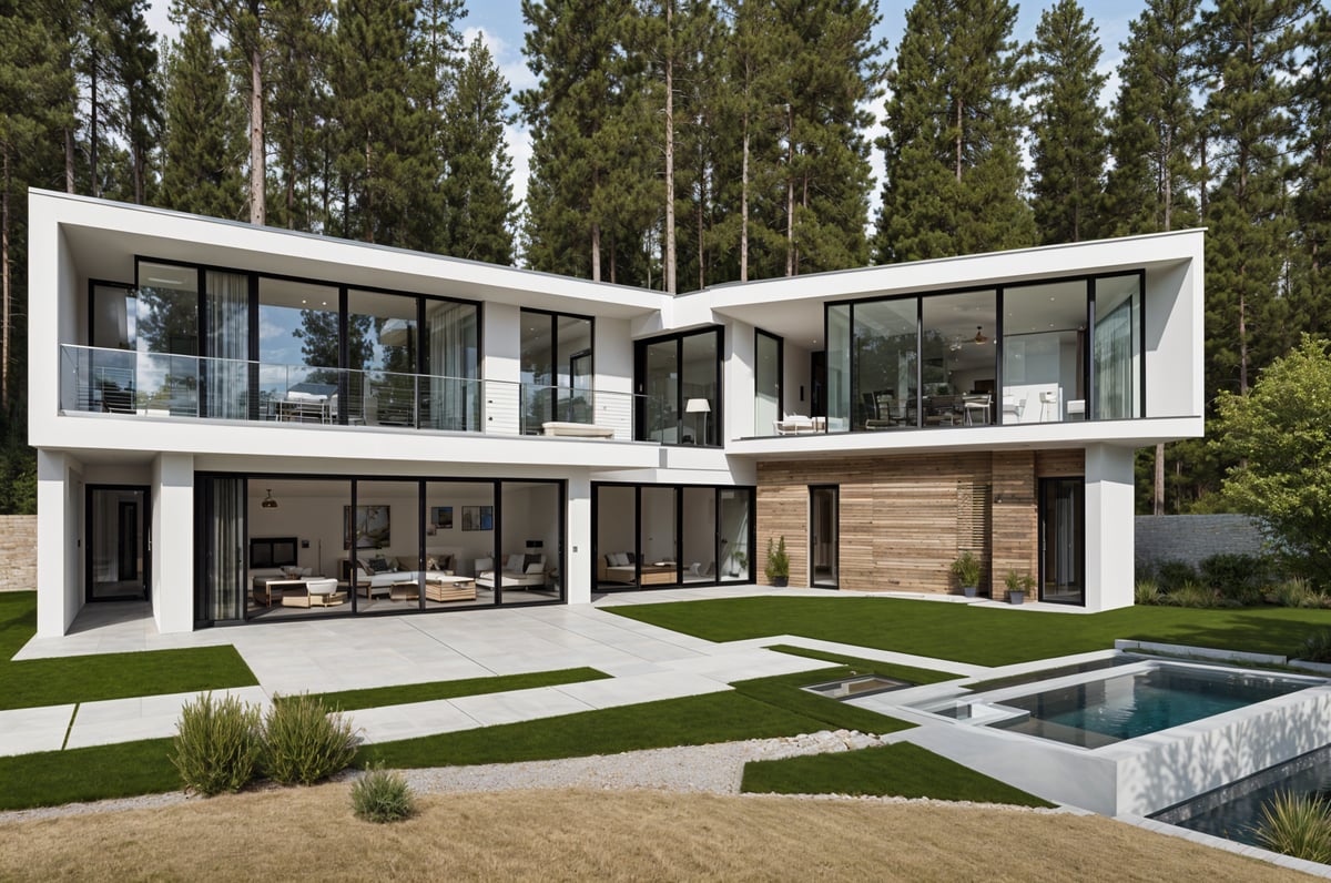 A modern house exterior with a large glass wall and a pool in the backyard. The house is surrounded by trees and has a patio area with a potted plant.