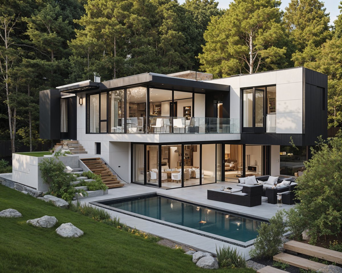 A modern house with a large pool and deck. The house has a black and white design with large windows and a balcony overlooking the pool.