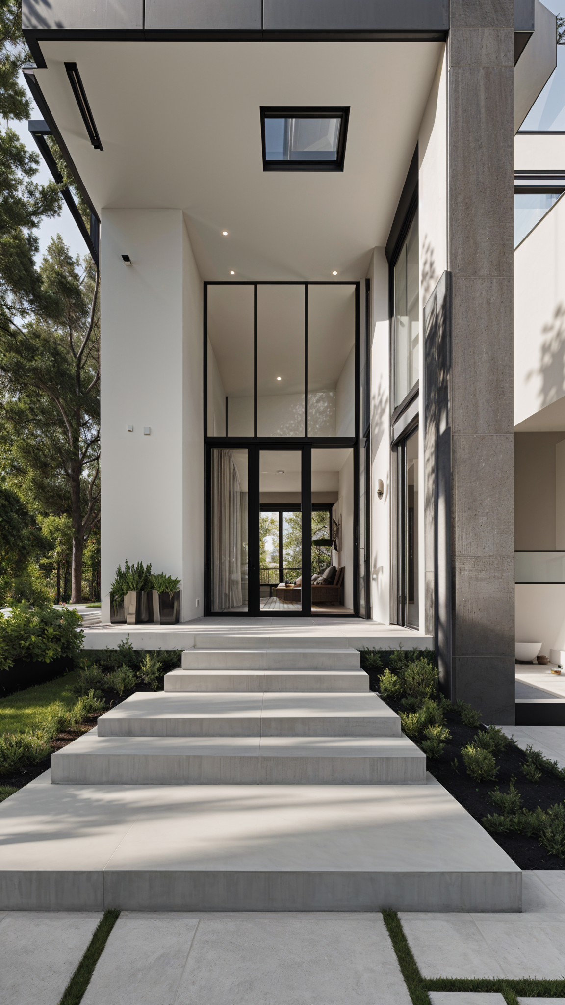 A modern house exterior with a large glass door and stairs leading up to it.