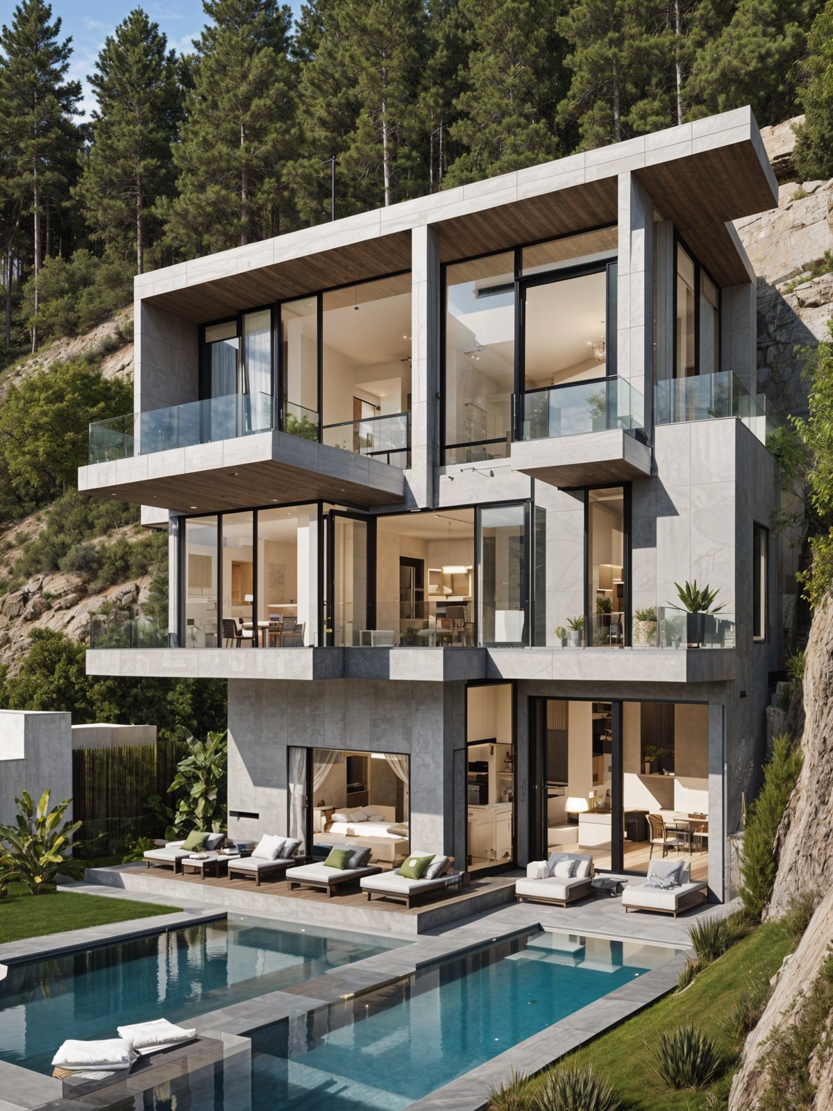 Modern house exterior with a pool and deck on a hillside