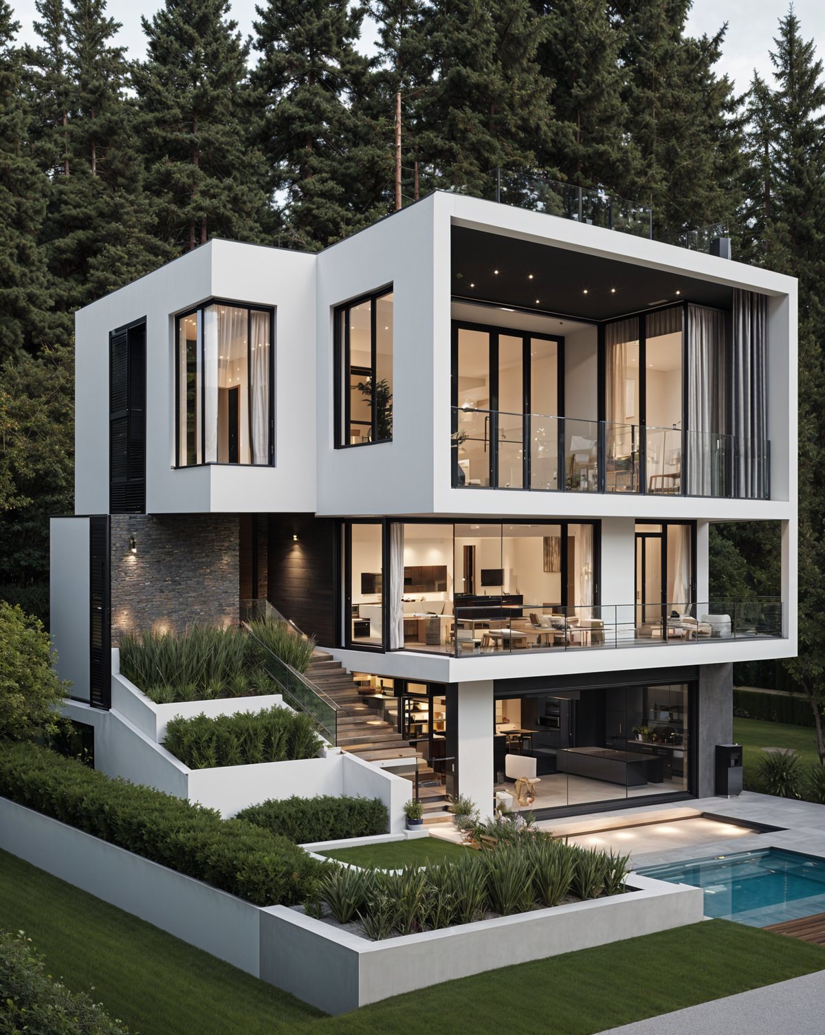 A modern white house with a swimming pool and a large deck. The house has a contemporary design with large windows and a sleek exterior. The pool is surrounded by a lush green lawn and is situated next to a forest.