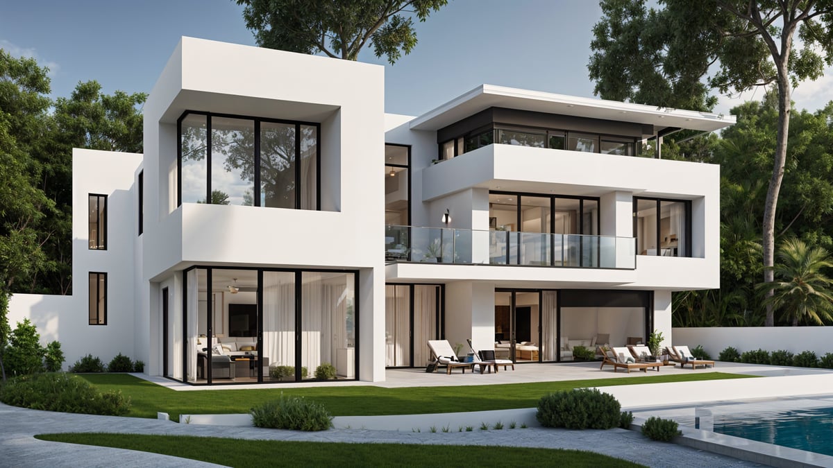 A modern house exterior with a large glass wall and a spacious patio with chairs and a couch.