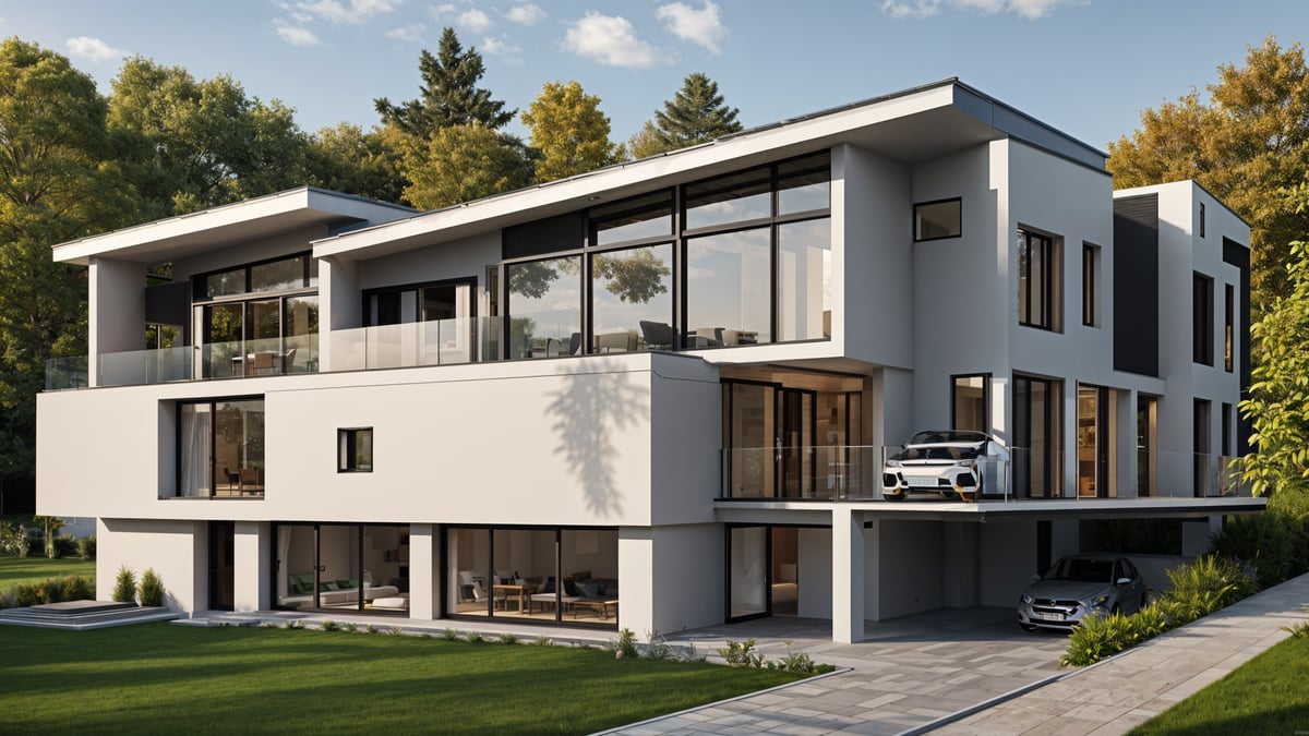 Modern house exterior with a white and grey color scheme, large windows, and a spacious driveway.