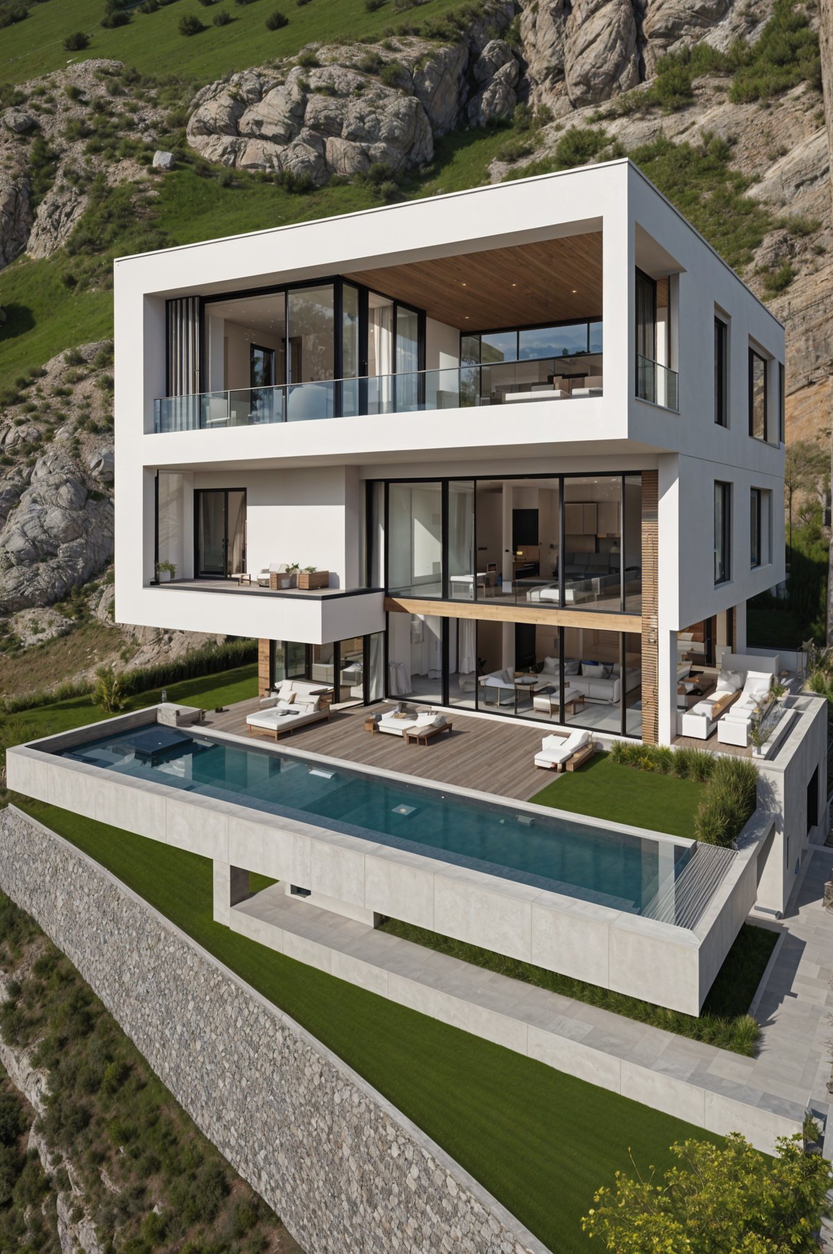 A modern house exterior with a large pool and deck overlooking a hillside.