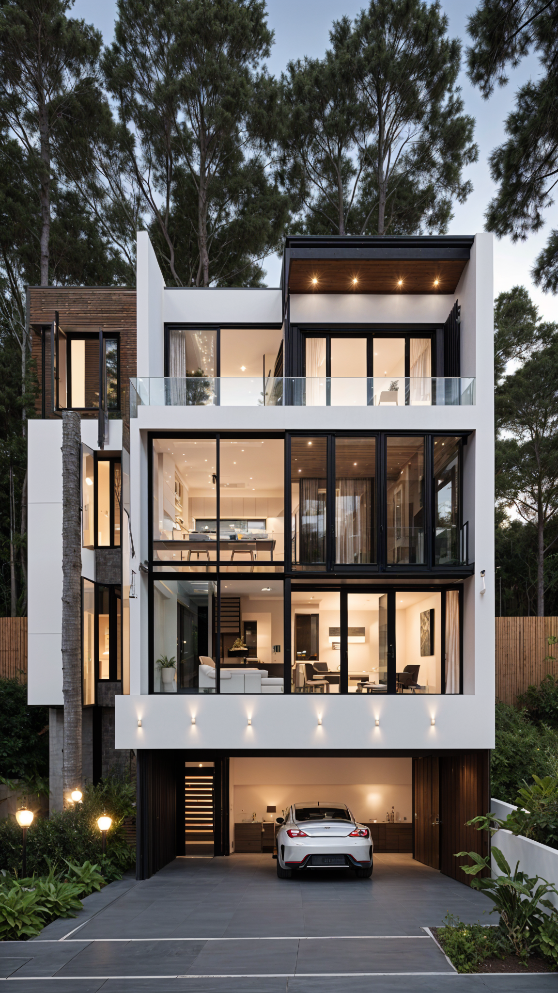 A large white house with a wall of windows and a balcony in a wooded area. The design is modern and minimalistic, with a focus on clean lines and natural light.