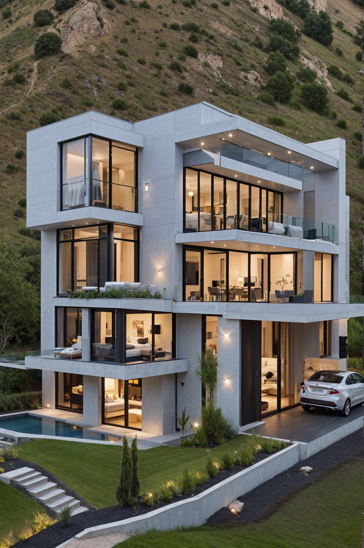 A large white house with a pool and a car parked in front of it. The house has a modern design with many windows and a balcony.