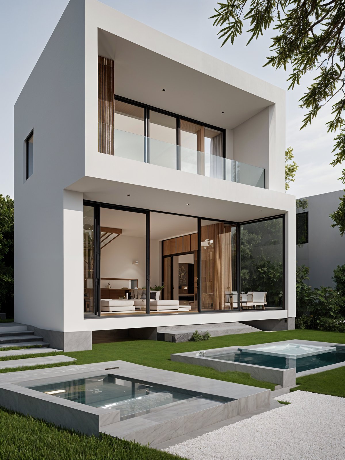 A modern house exterior with a large glass wall and a balcony overlooking a garden. The house features a pool and a pond in the backyard.