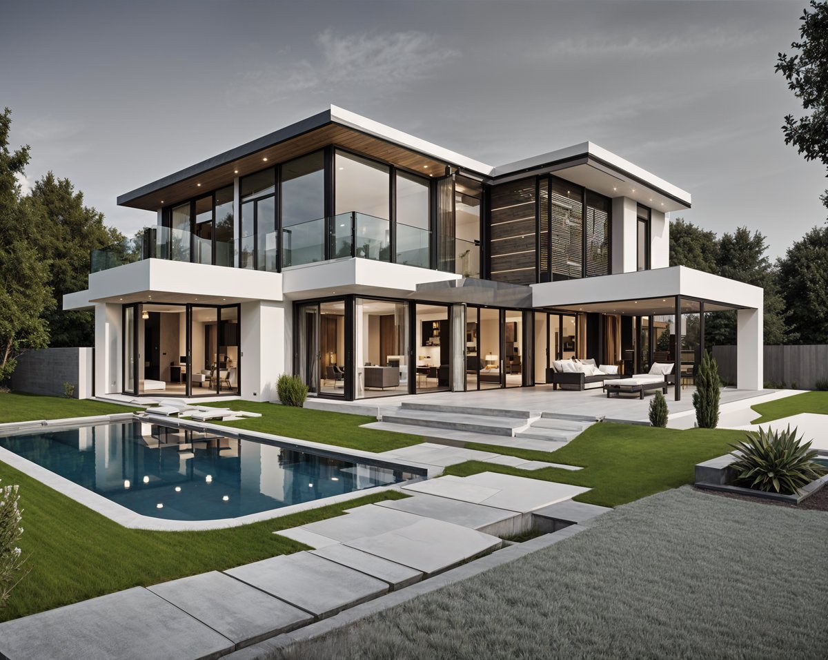 A modern house exterior with a large pool and a beautifully landscaped yard.