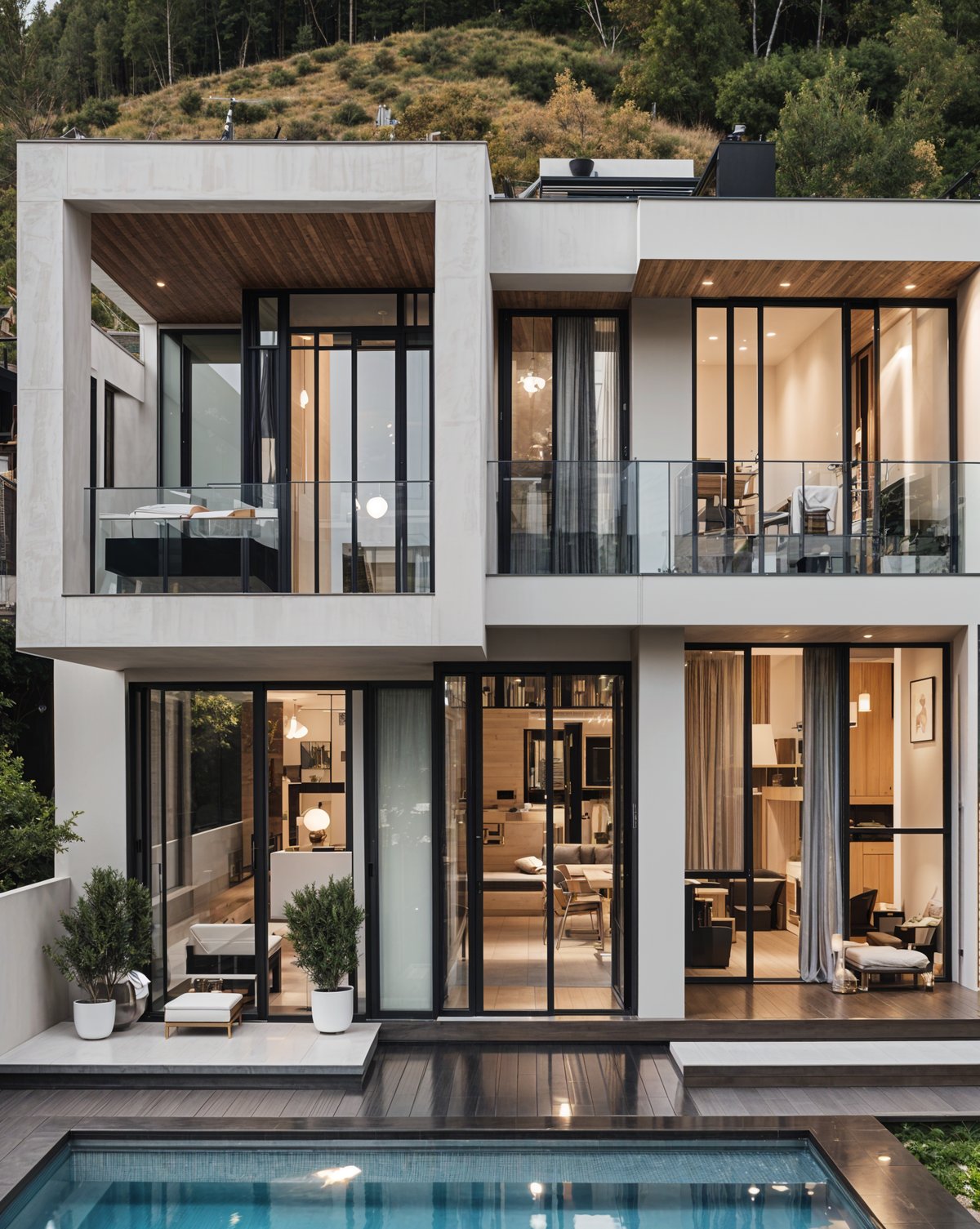 A modern house exterior with a glass wall and balcony. The interior features a spacious living room with a couch and potted plant.