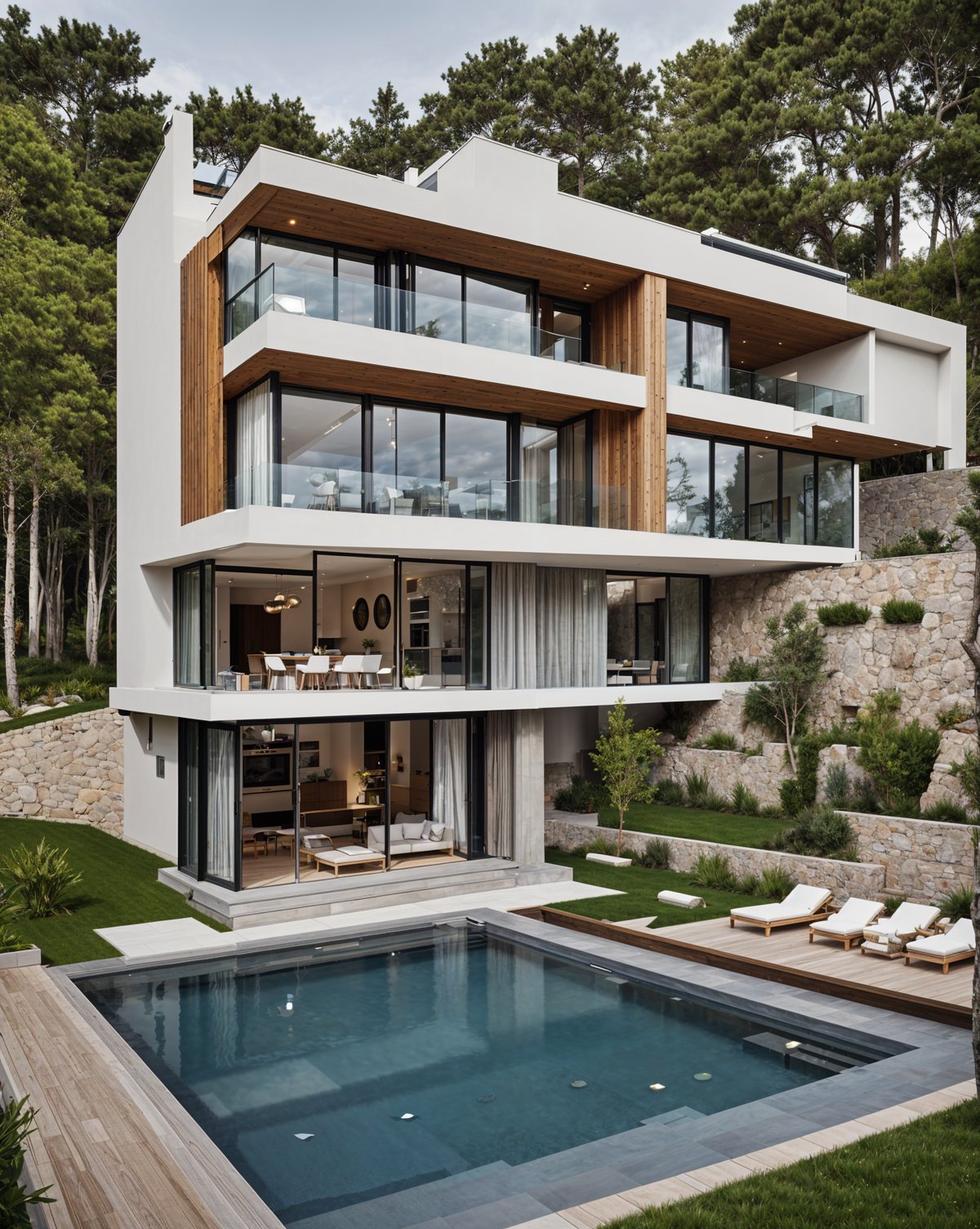 Modern house exterior with a large pool and deck