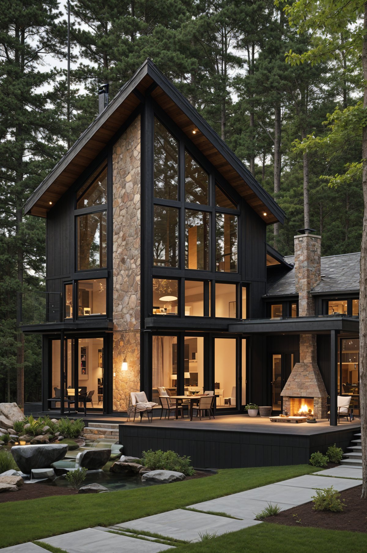 A modern house with a stone exterior, a fireplace, and a deck. The house has a cozy living room with a couch and chairs.