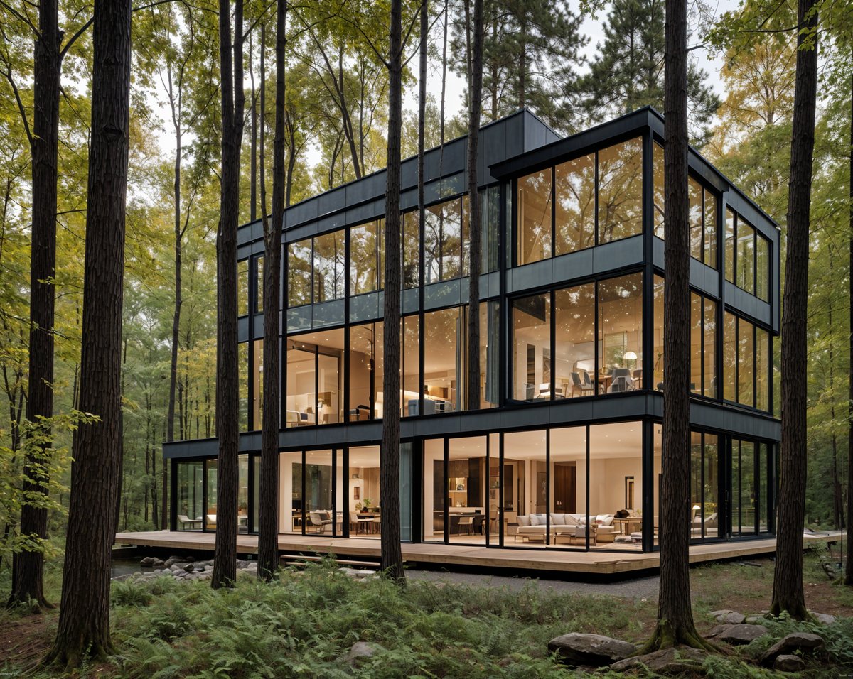 A modern house with glass walls and a wood deck in the middle of a forest.